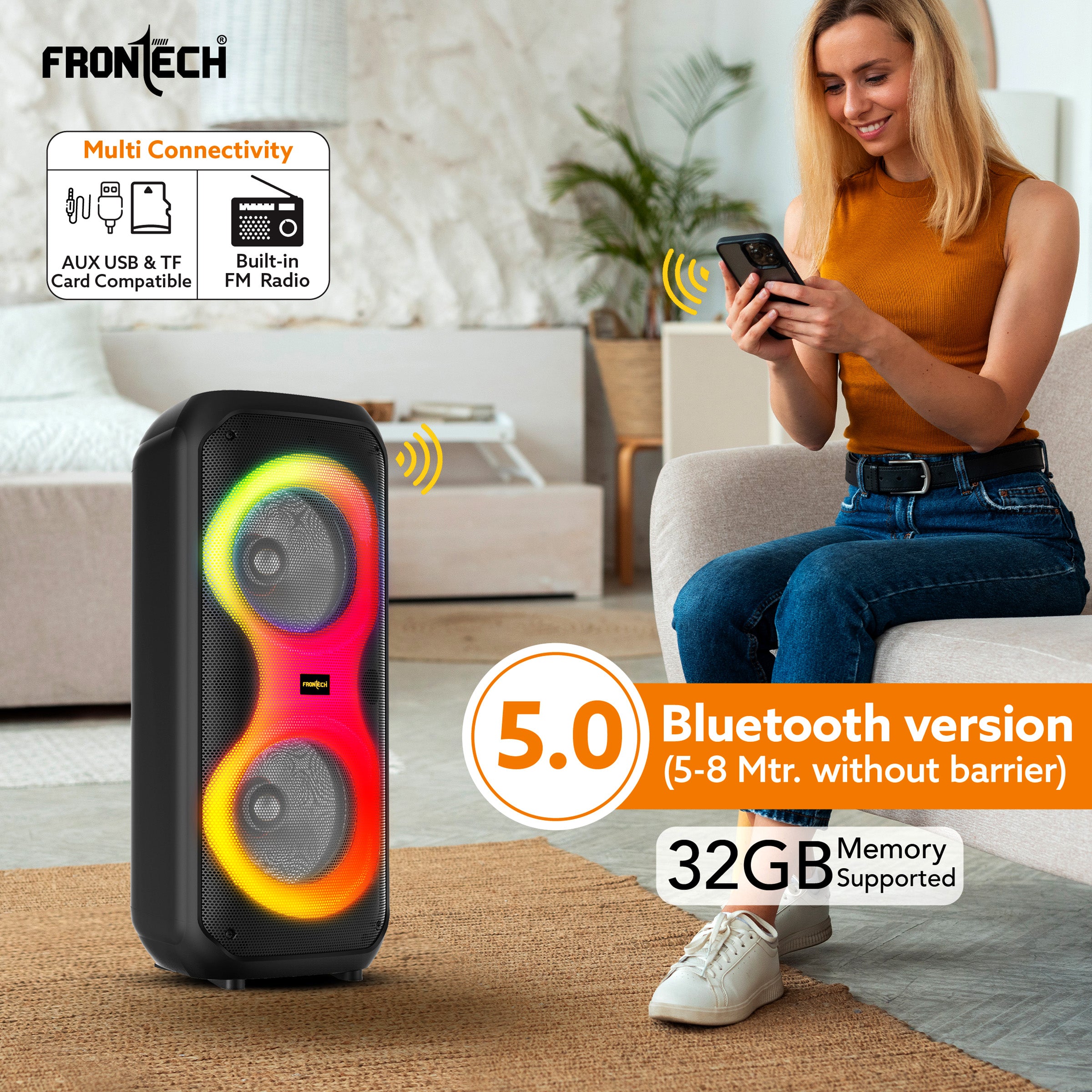 FRONTECH Smash Pro-21P 45W Portable Party Speaker | True Wireless Stereo | Karaoke Function with Wireless Mic | RGB LED Disco Lighting | Bluetooth 5.0 | FM Radio | USB, TF, AUX | Type-C Charging Port (SW-0021P) FRONTECH Smash Pro-21P 45W Portable Party Speaker | True Wireless Stereo | Karaoke Function with Wireless Mic | RGB LED Disco Lighting | Bluetooth 5.0 | FM Radio | USB, TF, AUX | Type-C Charging Port (SW-0021P)